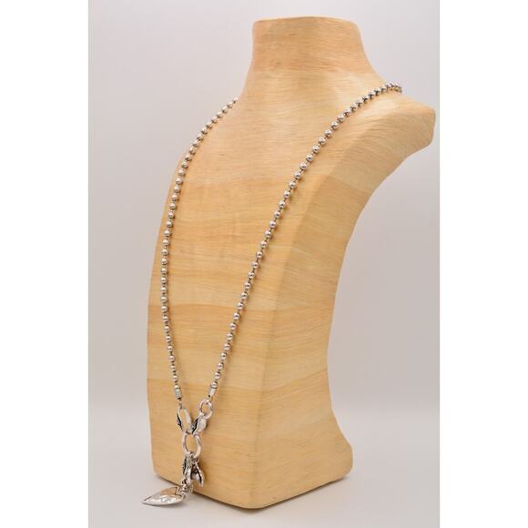 Chunky Charm Pendant Necklace Shiny Silver Tone Ball Heart Hammered Chain Bin2 - Picture 8 of 12